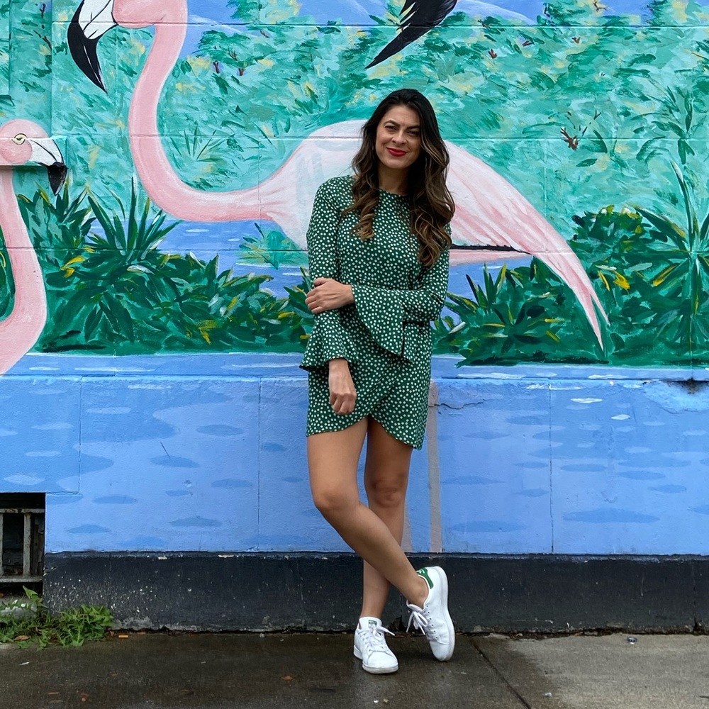 Green polka dot wrap dress